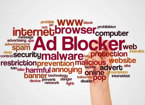 Ad Blocker word cloud and hand with marker concept Illustrazione stock