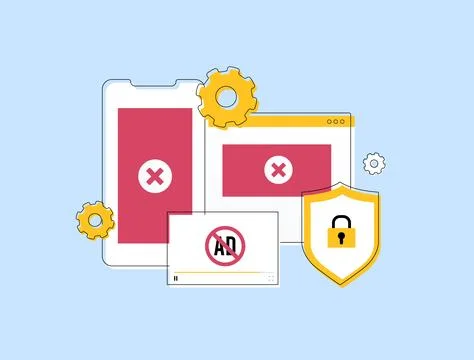 Ad blocking illustration - mobile and web screens, security shield and crossed Stock Illustration