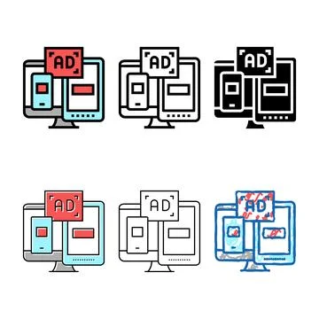 Ad on computer phone and tablet display multipack color icon vector Stock Illustration