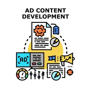 Ad content development process creating marketing campaigns Stock Illustration