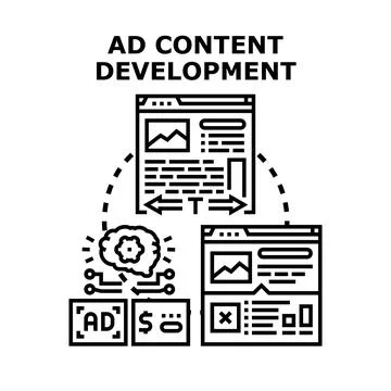 Ad content development process creating online promotions Stock Illustration