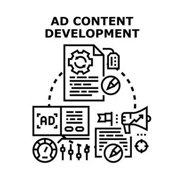 Ad content development process creating marketing campaigns Stock Illustration