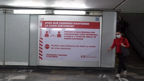 Ad in a corridor warn about the healthy distance Stock Footage 133517811