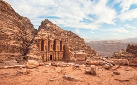 Ad Deir - Monastery - ruins carved in rocky wall at Petra Jordan, mountaino.. Stock Photos