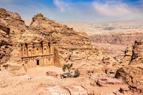 Ad Deir or The Monastery, ancient Nabataean stone carved temple view from a.. Stock Photos