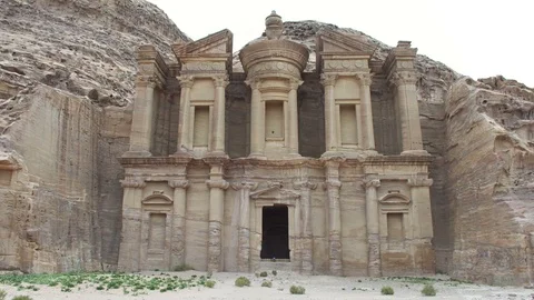 Ad Deir or the Monastery, a monumental building carved out of rock in Petra Stock Footage 112497170