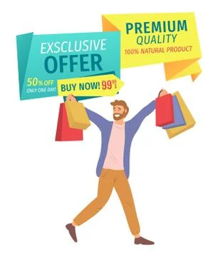 Ad of an exclusive offer and premium quality. Natural products. Man is standing Stock Illustration