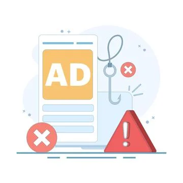 Ad fraud concept. Ad click fraud. Ad fraud generates fake ad impressions. Stock Illustration