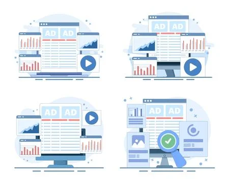 Ad performance set, commercial advertising review, campaign data analysis. Stock Illustration