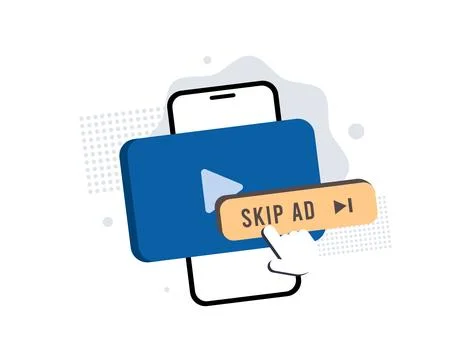 Ad skip feature in mobile video streaming platforms offering instant bypass. Ad Stock Illustration