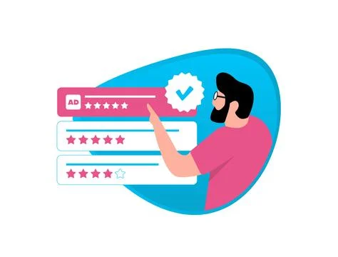 Ad Trust Scores - user evaluating sponsored ad based on rating, ad trust score Stock Illustration