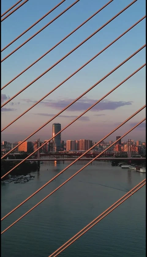 Ada Bridge Belgrade Sunset Vertical Aerial - Flying Through Suspension Cables Stock Footage 330495390