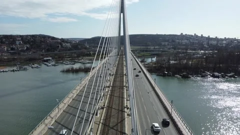 Ada Bridge by drone 4K - landmark Ada Bridge - Belgrade hanging bridge 4 Stock Footage