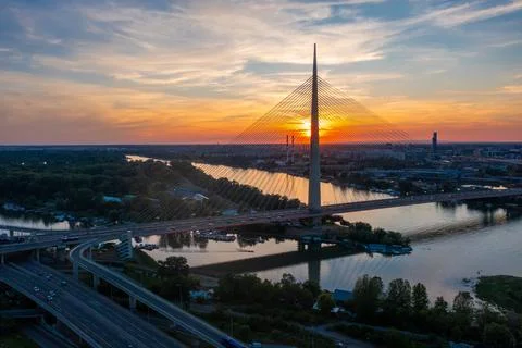 Ada Bridge at Sunset Over the Sava River in Belgrade, Serbia Stockfoto's