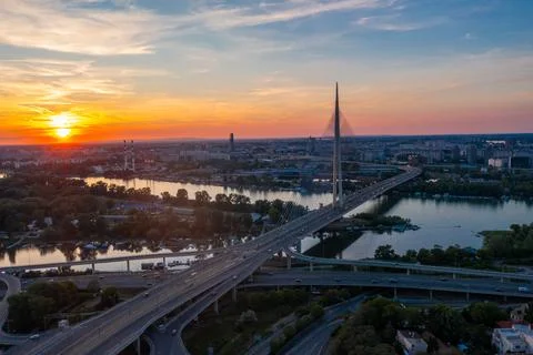 Ada Bridge at Sunset Over the Sava River in Belgrade, Serbia Photos