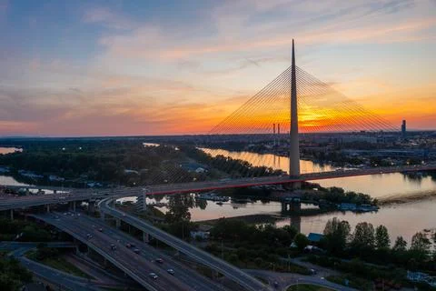 Ada Bridge at Sunset Over the Sava River in Belgrade, Serbia Photos