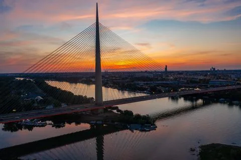 Ada Bridge at Sunset Over the Sava River in Belgrade, Serbia 库存照片