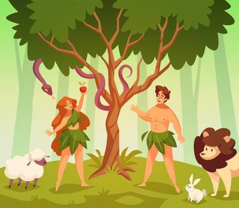 Adam and eve. Bible story scene first man and woman in garden eden, knowledge Stock Illustration