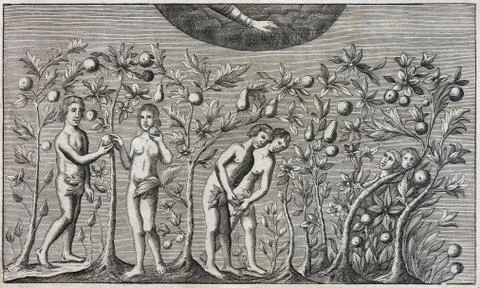 Adam and Eve Fall of Man Expulsion from Paradise copperplate engraving by Stock-Illustration