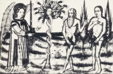 Adam And Eve In The Garden Of Eden. From The Book Biblia Medieval Romanceada Stock Photos