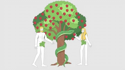 Adam and Eve with serpent at tree of knowledge 2D bible characters animation Stock Footage 311320415