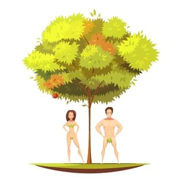 Adam Eve Under Apple Tree Cartoon Illustration Stock Illustration