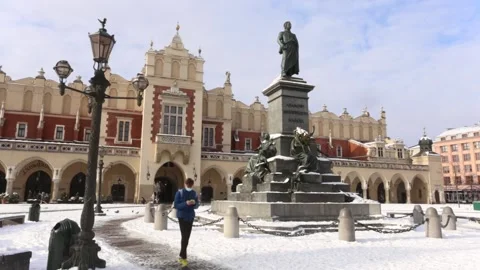 Adam Mickiewicz`s statue in front of the ancient Cloth Hall. 4607 库存影片 147455171