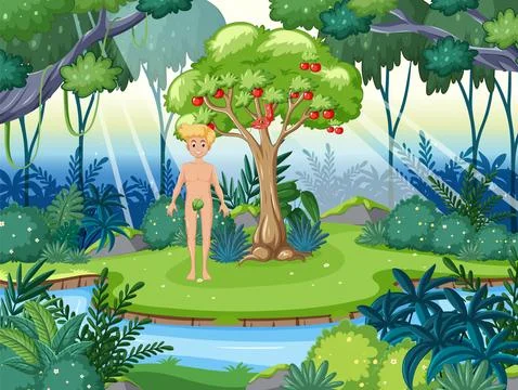 Adam Standing Under Apple Tree in Garden of Eden Stock Illustration