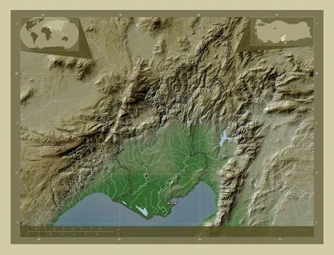 Adana, Turkiye. Elevation map colored in wiki style with lakes and rivers Illustrazione stock