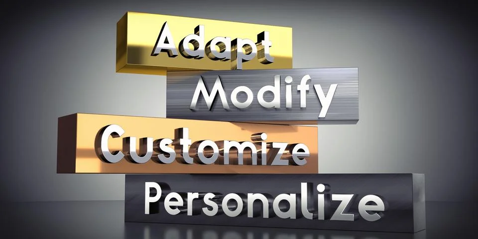 Adapt, modify, customize, personalize - words on metal blocks - 3D illustrati Stock Illustration