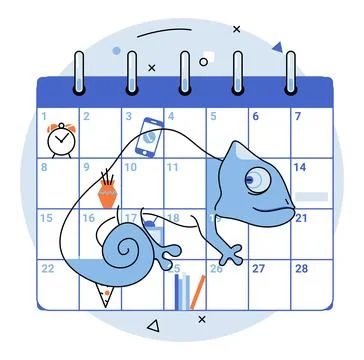 Adaptability. A blue chameleon is walking on a calendar indicating flexibilit Stock Illustration