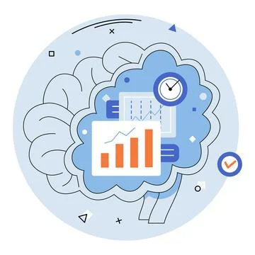 Adaptability. A brain filled with data charts and a clock. Ideal for themes l Stock Illustration