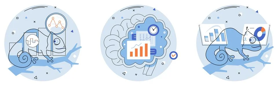Adaptability. A chameleon and a brain surrounded by graphs highlight the flex Stockillustratie
