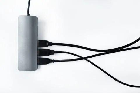 Adapter with external hard drives on a white background.Many different connec Foto stock