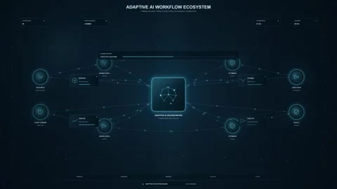 Adaptive AI Workflow Ecosystem Digital Interface Animation Stock Footage 344829943