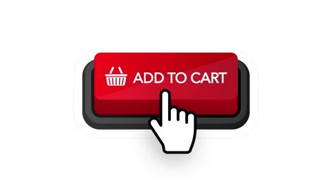 Add to card red button on white background. Hand mouse. Flat 3D button. Motion Stock Footage 153489431