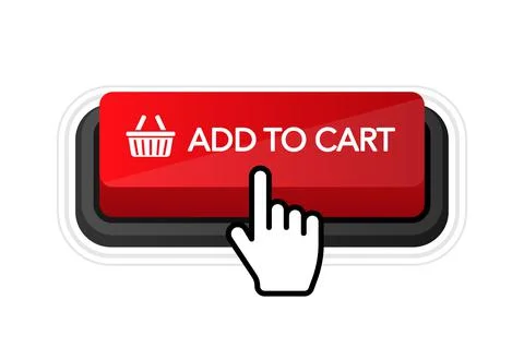 Add to card red button on white background. Hand mouse. Flat 3D button. Vecto Иллюстрация