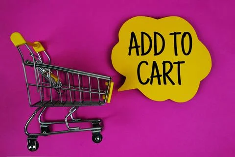 Add to Cart text with speech bubble and trolley shopping cart on pink backg.. Stock Photos