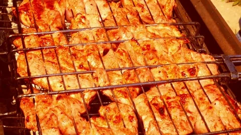 Add chicken grill. Brazier with burning coals Stock Footage 76407256