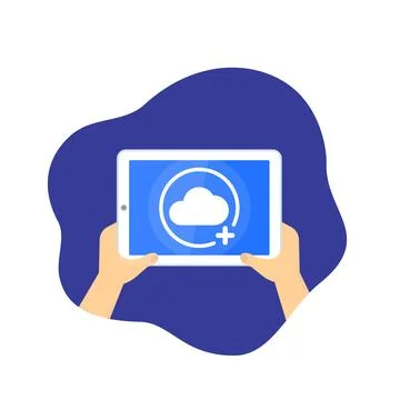 Add to cloud, tablet in hands, vector Stock Illustration