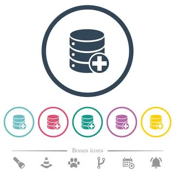Add to database flat color icons in round outlines Stock Illustration