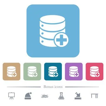 Add to database flat icons on color rounded square backgrounds Stock Illustration