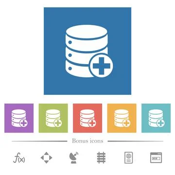 Add to database flat white icons in square backgrounds Stockillustratie