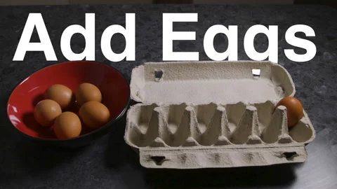 Add Eggs Text Overlay With Stop Motion Carton And Red Bowl Stock-Footage 339143992