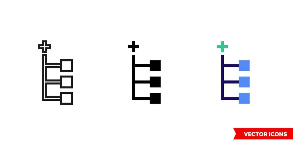 Add node icon of 3 types color, black and white, outline. Isolated vector sig Stock Illustration