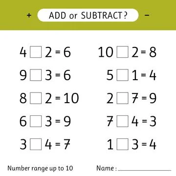 Add or subtract. Number range up to 10. Addition and subtraction. Worksheet.. Stock Illustration