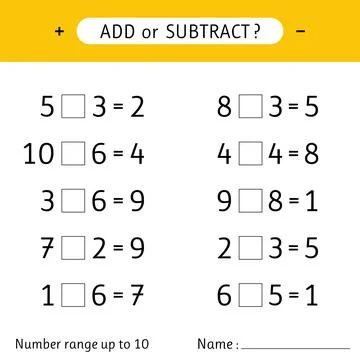 Add or subtract. Number range up to 10. Addition and subtraction. Mathemati.. Stock Illustration