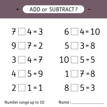 Add or subtract. Number range up to 10. Mathematical exercises. Worksheet f.. Stock Illustration