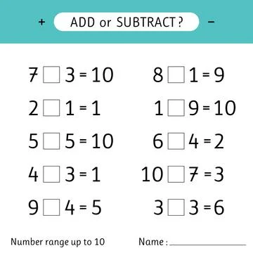 Add or subtract. Number range up to 10. Worksheet for kids. Addition and su.. Stock Illustration