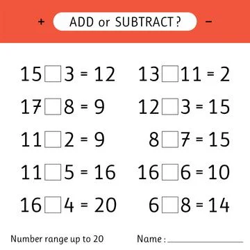 Add or subtract. Number range up to 20. Addition and subtraction. Worksheet.. Stock Illustration